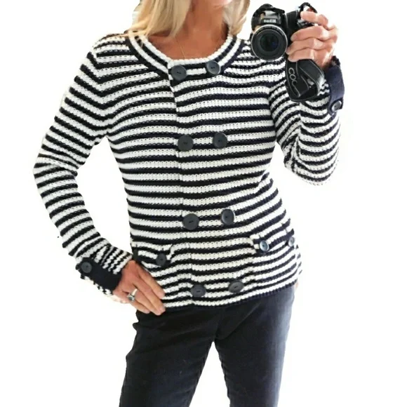 Talbots Womens Blk & White Stripe Knit Double Brested Casual Sweater Jacket Sz S - Picture 3 of 9